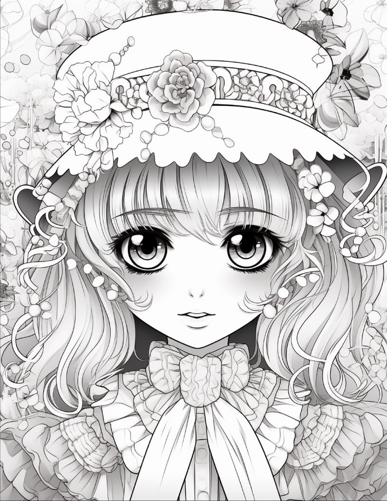May include: A black and white line art illustration of a character with large eyes and wavy hair, wearing a wide-brimmed hat adorned with detailed floral patterns and ribbons. The character features a ruffled collar with a central bow tie.