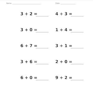 May include: A white educational worksheet titled Addition &bull; Single Digit with a gray header. It features ten math problems with single-digit numbers and blank lines for answers. The page includes fields for Name and Date, and Page 14 of 100.