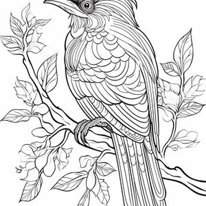 May include: A black and white line art illustration of a bird perched on a leafy branch. The bird features intricate, flowing patterns on its feathers, a sharp beak, and a prominent eye. The surrounding branch is adorned with several detailed leaves.