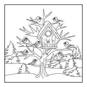 May include: A black and white line art coloring page illustration featuring a birdhouse mounted in a tree. Seven small birds are perched on various branches around the birdhouse. The background shows a snowy landscape with several pine trees.