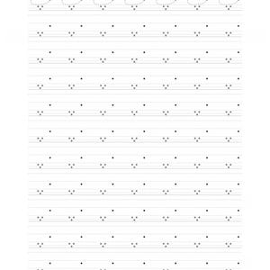 Peut inclure: Une feuille d'exercices d'&eacute;criture manuscrite compos&eacute;e de lignes pointill&eacute;es gris clair et de motifs r&eacute;p&eacute;titifs de trois points dispos&eacute;s en triangle, avec un point unique au-dessus de chaque triangle, pour le tra&ccedil;age et l'apprentissage.