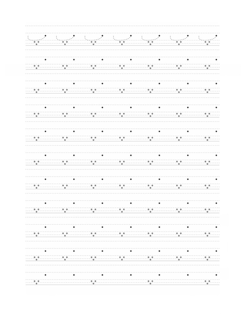 Peut inclure: Une feuille d'exercices d'&eacute;criture manuscrite compos&eacute;e de lignes pointill&eacute;es gris clair et de motifs r&eacute;p&eacute;titifs de trois points dispos&eacute;s en triangle, avec un point unique au-dessus de chaque triangle, pour le tra&ccedil;age et l'apprentissage.