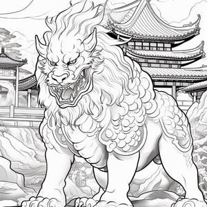 May include: A black and white line art illustration of a mythical lion-like creature with a flowing mane and scaled body, standing in a dynamic pose. The background features a detailed traditional East Asian architectural structure with tiled roofs.