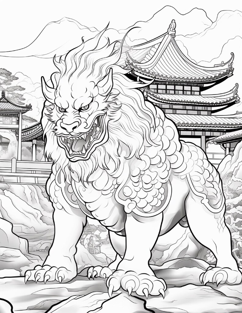 May include: A black and white line art illustration of a mythical lion-like creature with a flowing mane and scaled body, standing in a dynamic pose. The background features a detailed traditional East Asian architectural structure with tiled roofs.