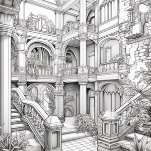 Puede incluir: Una ilustraci&oacute;n de arte lineal en blanco y negro de un interior arquitect&oacute;nico de varios niveles con grandes escaleras, columnas ornamentadas, puertas arqueadas y balcones. Hay plantas en macetas y el suelo es de baldosas.