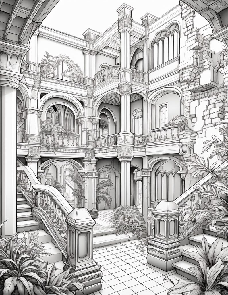 Puede incluir: Una ilustraci&oacute;n de arte lineal en blanco y negro de un interior arquitect&oacute;nico de varios niveles con grandes escaleras, columnas ornamentadas, puertas arqueadas y balcones. Hay plantas en macetas y el suelo es de baldosas.