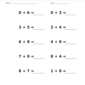 May include: A single-digit addition practice worksheet with a gray header labeled Addition &bull; Single Digit. It includes blank lines for Name and Date, followed by ten math problems such as 0 + 6, 3 + 5, 6 + 8, 7 + 0, 8 + 7, 0 + 3, 2 + 4, 4 + 8, 8 + 4, and 1 + 8.