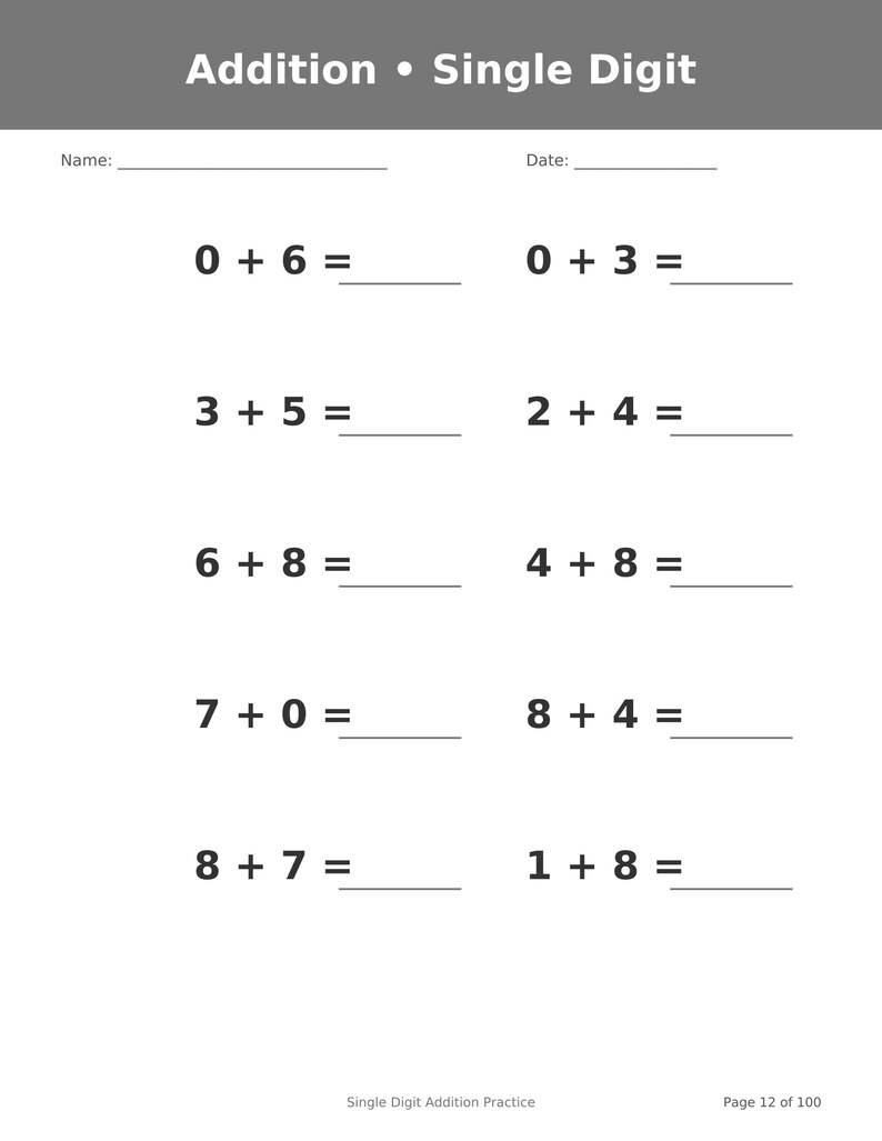 May include: A single-digit addition practice worksheet with a gray header labeled Addition &bull; Single Digit. It includes blank lines for Name and Date, followed by ten math problems such as 0 + 6, 3 + 5, 6 + 8, 7 + 0, 8 + 7, 0 + 3, 2 + 4, 4 + 8, 8 + 4, and 1 + 8.