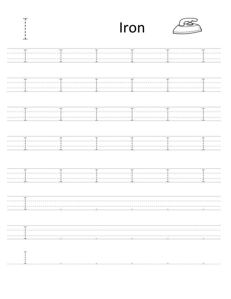 Pode incluir: Uma folha de exerc&iacute;cios educativa a preto e branco para praticar a caligrafia, com a palavra Iron, um desenho de linha de um ferro de engomar e v&aacute;rias linhas tracejadas para tra&ccedil;ar a letra mai&uacute;scula I numa p&aacute;gina branca.