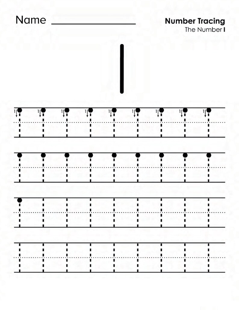 Peut inclure: Une feuille d'exercices &eacute;ducative blanche intitul&eacute;e Name et Number Tracing The Number 1. La page pr&eacute;sente un grand chiffre 1 noir en haut, suivi de quatre lignes de traits verticaux pointill&eacute;s avec des points noirs et des fl&egrave;ches de guidage.