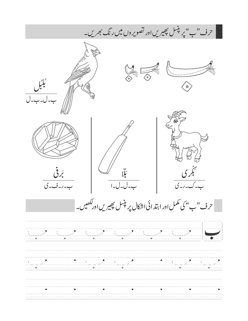 A language practice sheet showing the Urdu letter Be, stroke order guides, vocabulary words, and illustrations of a bird, barfi sweet, cricket bat, and goat.