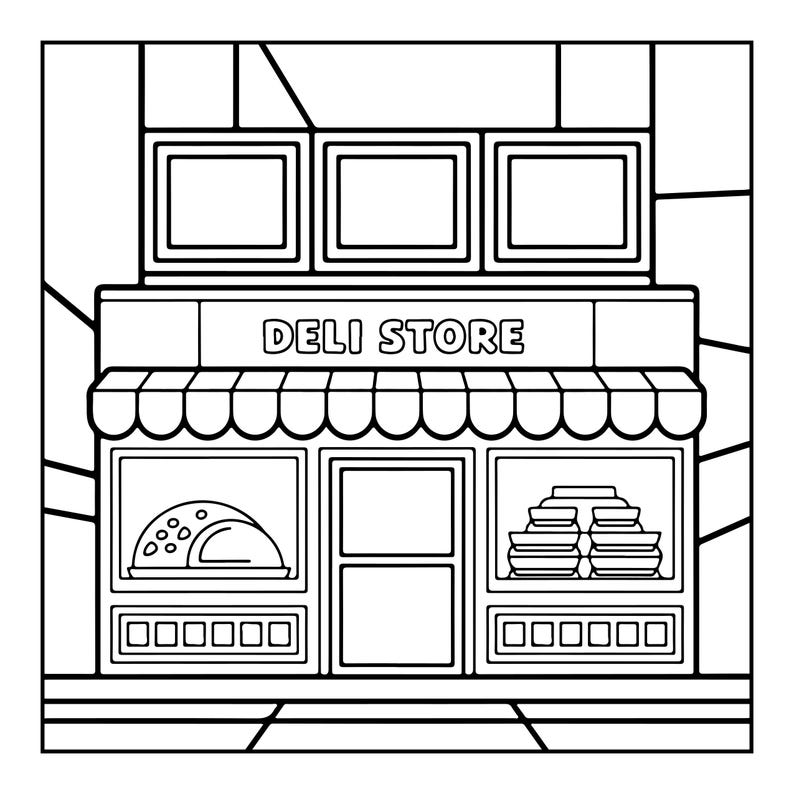 Op de afbeelding: Een zwart-wit lijntekening van een delicatessenwinkel. Het gebouw heeft een bord met de tekst DELI STORE, een geschulpte luifel, een centrale deur en twee etalages met daarin een brood en een stapel bakjes afgebeeld.