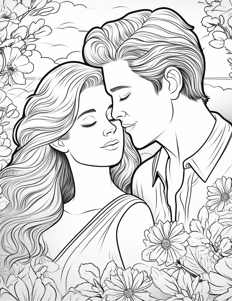 Romantic Couples Coloring Book | 300 Pages Floral Illustrations (Digital Download) image 12