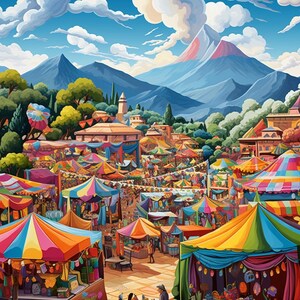 K&ouml;nnte beinhalten: Ein lebhafter Au&szlig;enmarkt mit zahlreichen bunten, gestreiften Zelten und St&auml;nden unter einem hellblauen Himmel mit wei&szlig;en Wolken. Im Hintergrund erheben sich gro&szlig;e Berge &uuml;ber der Landschaft, w&auml;hrend Menschen durch die G&auml;nge des Marktes spazieren.