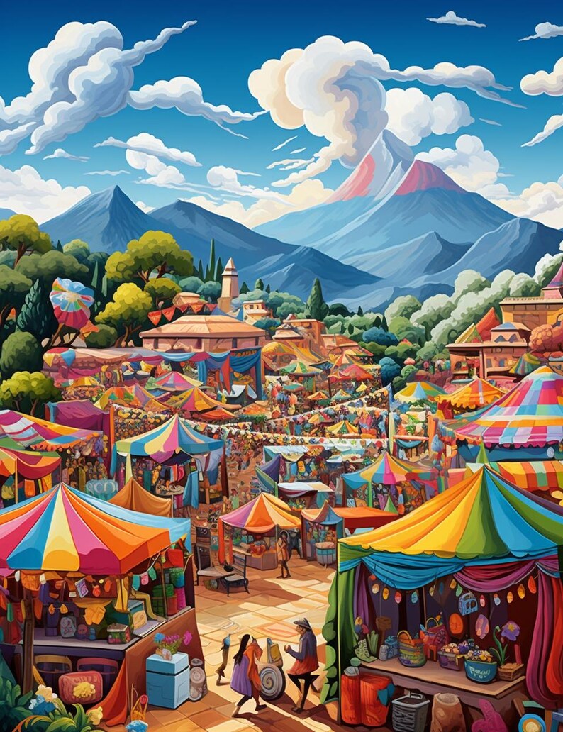 K&ouml;nnte beinhalten: Ein lebhafter Au&szlig;enmarkt mit zahlreichen bunten, gestreiften Zelten und St&auml;nden unter einem hellblauen Himmel mit wei&szlig;en Wolken. Im Hintergrund erheben sich gro&szlig;e Berge &uuml;ber der Landschaft, w&auml;hrend Menschen durch die G&auml;nge des Marktes spazieren.