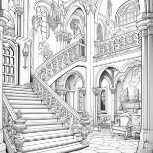 Puede incluir: Una ilustraci&oacute;n de arte lineal en blanco y negro de un gran espacio interior con una escalera curva con barandillas ornamentadas, puertas arqueadas, candelabros colgantes, suelo de piedra y un sill&oacute;n cerca de una chimenea.