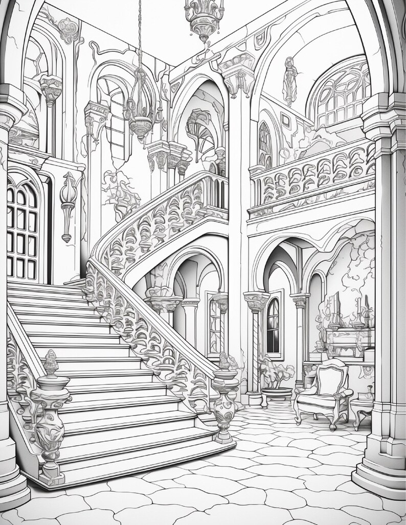 Puede incluir: Una ilustraci&oacute;n de arte lineal en blanco y negro de un gran espacio interior con una escalera curva con barandillas ornamentadas, puertas arqueadas, candelabros colgantes, suelo de piedra y un sill&oacute;n cerca de una chimenea.