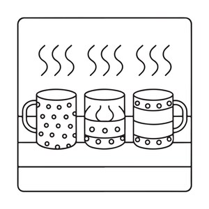 May include: A black and white line drawing of three mugs sitting on a shelf. The left mug has a polka dot pattern, the middle mug features a scalloped top and dotted base, and the right mug has horizontal stripes with dots. Steam rises above.