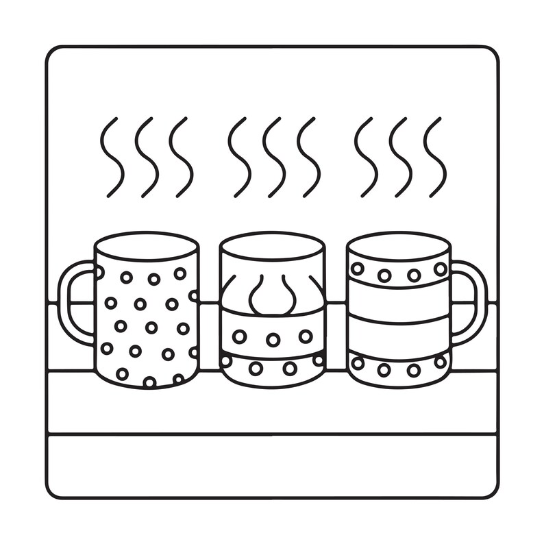 May include: A black and white line drawing of three mugs sitting on a shelf. The left mug has a polka dot pattern, the middle mug features a scalloped top and dotted base, and the right mug has horizontal stripes with dots. Steam rises above.
