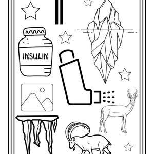 Puede incluir: Una ilustraci&oacute;n de arte lineal en blanco y negro que presenta un frasco de insulina, un inhalador, un iceberg, un icono de paisaje monta&ntilde;oso, car&aacute;mbanos, una gacela y un &iacute;bice. La p&aacute;gina incluye varias estrellas y el n&uacute;mero 18 abajo.