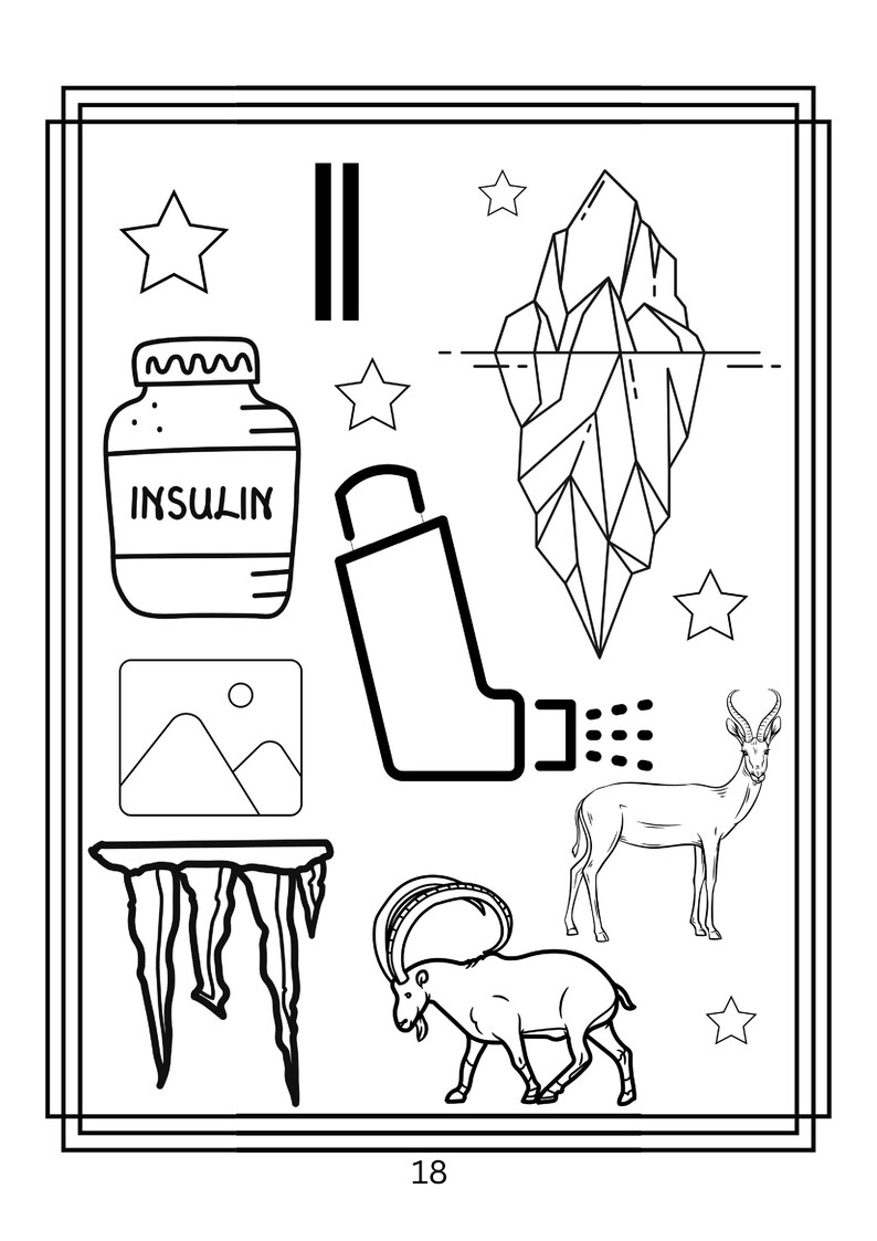 Puede incluir: Una ilustraci&oacute;n de arte lineal en blanco y negro que presenta un frasco de insulina, un inhalador, un iceberg, un icono de paisaje monta&ntilde;oso, car&aacute;mbanos, una gacela y un &iacute;bice. La p&aacute;gina incluye varias estrellas y el n&uacute;mero 18 abajo.
