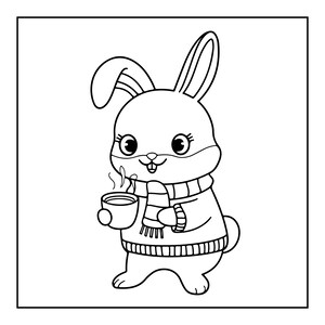 以下が含まれることがあります： セーターとストライプのマフラーを身に着けた漫画のウサギの白黒線画イラスト。ウサギは両手で湯気の立つマグカップを持っている。太い輪郭線とシンプルなディテールで構成された、塗り絵に適したデザイン。