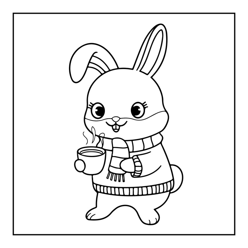 以下が含まれることがあります： セーターとストライプのマフラーを身に着けた漫画のウサギの白黒線画イラスト。ウサギは両手で湯気の立つマグカップを持っている。太い輪郭線とシンプルなディテールで構成された、塗り絵に適したデザイン。