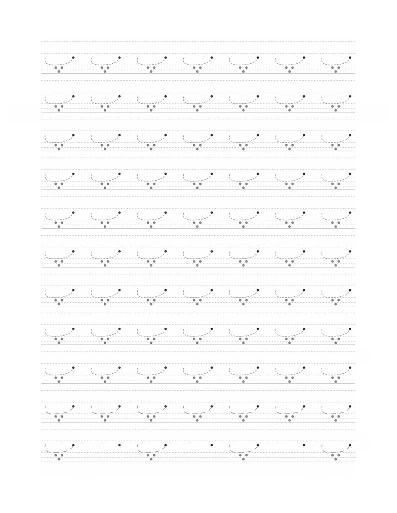 Peut inclure: Une feuille d'exercice d'&eacute;criture manuscrite compos&eacute;e de plusieurs lignes pointill&eacute;es grises sur fond blanc. Chaque ligne pr&eacute;sente des motifs r&eacute;p&eacute;titifs de traits courbes en pointill&eacute;s et de petits points gris pour guider l'&eacute;criture.