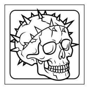A line art drawing of a human skull with spikes protruding from its cranium, set against a square background.