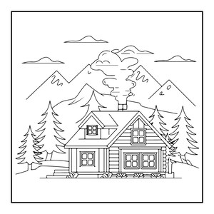 May include: A black and white line art illustration of a log cabin with a chimney emitting smoke. The cabin features multiple windows and is surrounded by pine trees, with a mountain range and clouds visible in the background.
