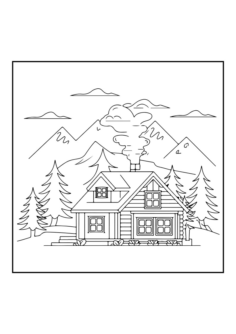 May include: A black and white line art illustration of a log cabin with a chimney emitting smoke. The cabin features multiple windows and is surrounded by pine trees, with a mountain range and clouds visible in the background.