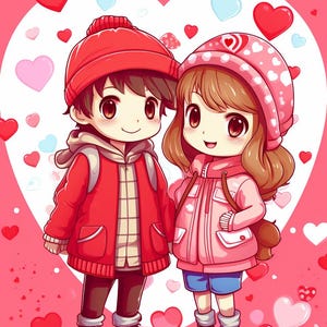 Op de afbeelding: Een cartoonillustratie van twee figuren die naast elkaar staan. De linkerfiguur draagt een rode muts, een rood jack en een donkere broek. De rechterfiguur draagt een roze muts met patroon, een roze jack en een blauwe korte broek voor een hart.