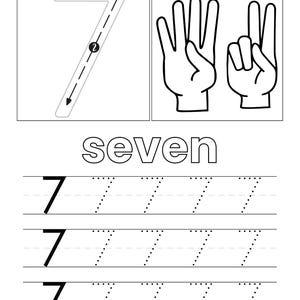 May include: A black and white educational worksheet for the number seven. It features a large numeral 7 with directional arrows, an illustration of two hands showing seven fingers, the word seven, and three rows of dotted lines for tracing the number 7.
