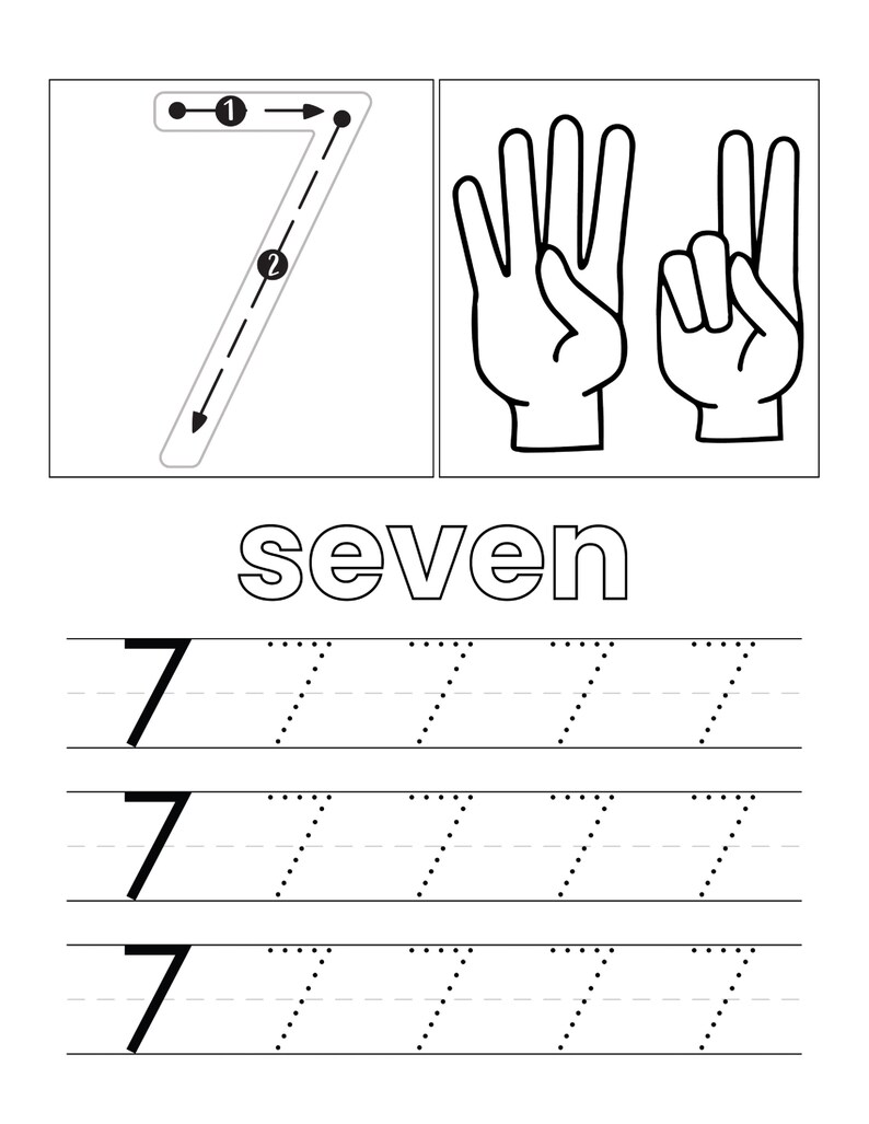 May include: A black and white educational worksheet for the number seven. It features a large numeral 7 with directional arrows, an illustration of two hands showing seven fingers, the word seven, and three rows of dotted lines for tracing the number 7.