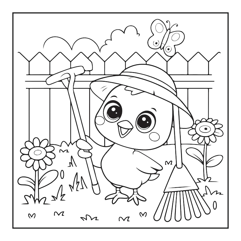 May include: A black and white line art coloring page featuring a small bird wearing a sun hat in a garden. The bird holds a garden hoe, with a rake nearby. The scene includes two flowers, a picket fence, a butterfly, and grass patches.