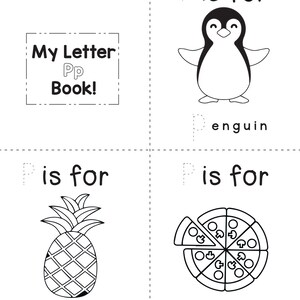 A printable coloring worksheet for the letter P featuring a penguin, a pineapple, and pizza with tracing lines.