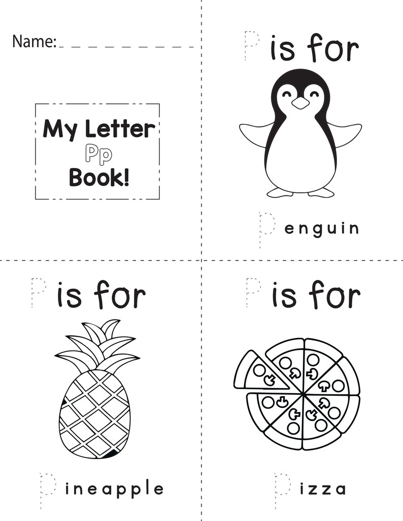 A printable coloring worksheet for the letter P featuring a penguin, a pineapple, and pizza with tracing lines.