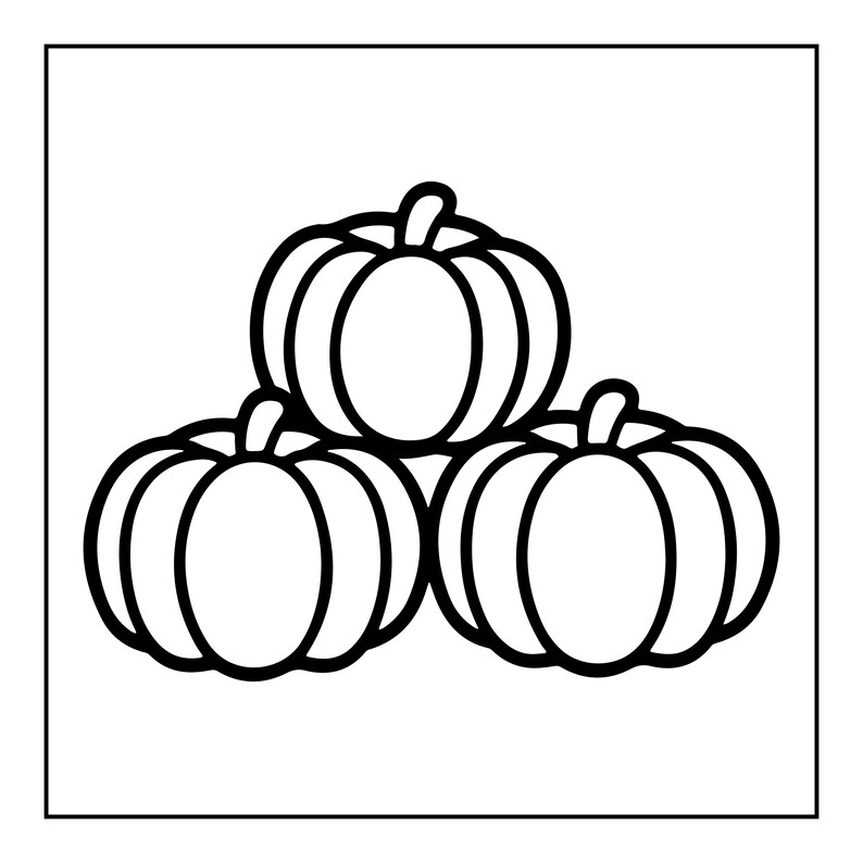 May include: A black and white line art illustration featuring three pumpkins stacked in a pyramid formation. The design consists of bold, clean outlines depicting the rounded, ribbed shapes of the pumpkins with small stems on top of each one.