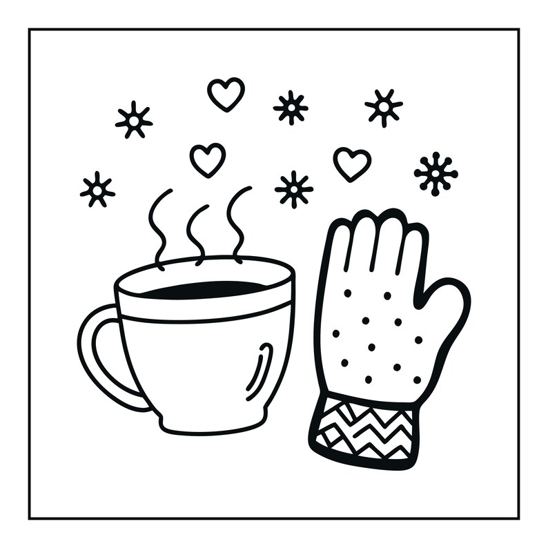 May include: A black and white line art illustration featuring a steaming mug of hot beverage next to a single winter mitten. The mitten has a dotted pattern on the palm and a chevron design on the cuff. Floating above are three hearts and five snowflakes.