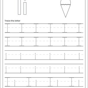 May include: A black and white educational worksheet titled Letter Tracing featuring the letter I. It includes a line for a name, a section to color an ice cream cone, and rows of dashed uppercase and lowercase letter I characters for tracing practice.