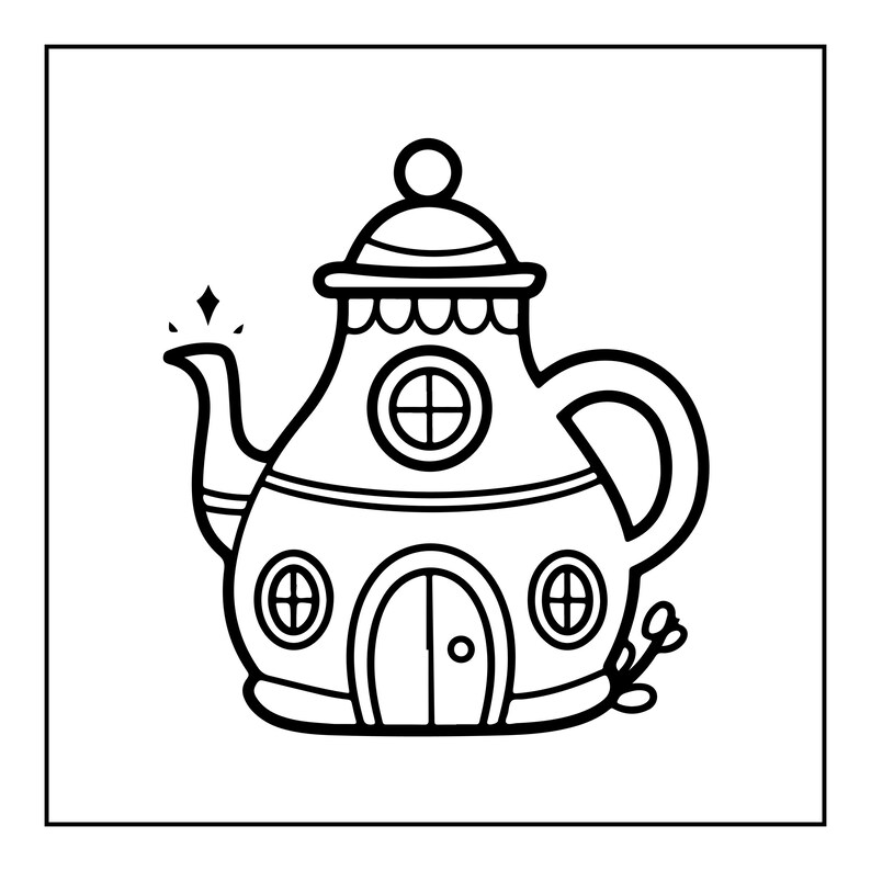 May include: A black and white line art illustration of a teapot shaped like a small house. The teapot features a central arched door, three circular windows, a curved handle, a spout with a small sparkle icon above it, and a lid with a knob.