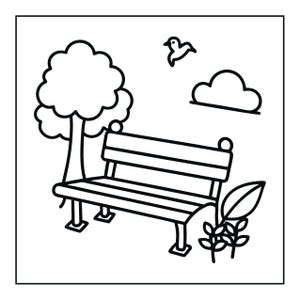 Peut inclure: Une illustration en noir et blanc au trait repr&eacute;sentant un banc de parc situ&eacute; devant un arbre. &Agrave; droite du banc se trouve une petite plante avec une grande feuille. Au-dessus du banc, un nuage et un petit oiseau sont dessin&eacute;s dans le ciel.