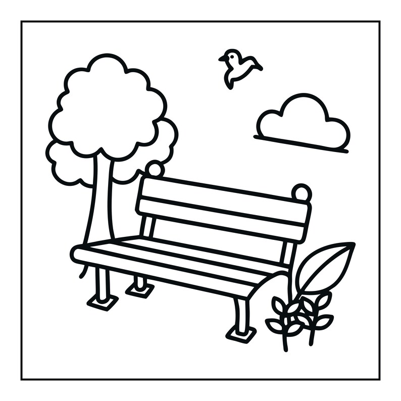 Peut inclure: Une illustration en noir et blanc au trait repr&eacute;sentant un banc de parc situ&eacute; devant un arbre. &Agrave; droite du banc se trouve une petite plante avec une grande feuille. Au-dessus du banc, un nuage et un petit oiseau sont dessin&eacute;s dans le ciel.