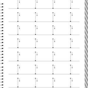 Peut inclure: Une page de cahier &agrave; spirales blanche pr&eacute;sentant sept rang&eacute;es de lignes pointill&eacute;es verticales pour l'entra&icirc;nement &agrave; l'&eacute;criture. Chaque ligne comprend un point de d&eacute;part en haut et une fl&egrave;che pointant vers le bas indiquant la direction.