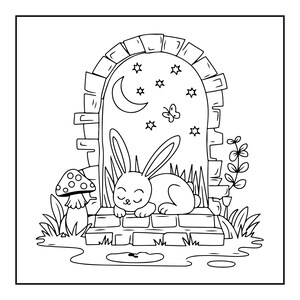 May include: A black and white line art illustration of a rabbit sleeping on a stone ledge in front of an arched doorway. The scene includes a crescent moon, stars, a butterfly, a mushroom, and foliage, all presented in a clear, bold outline style.
