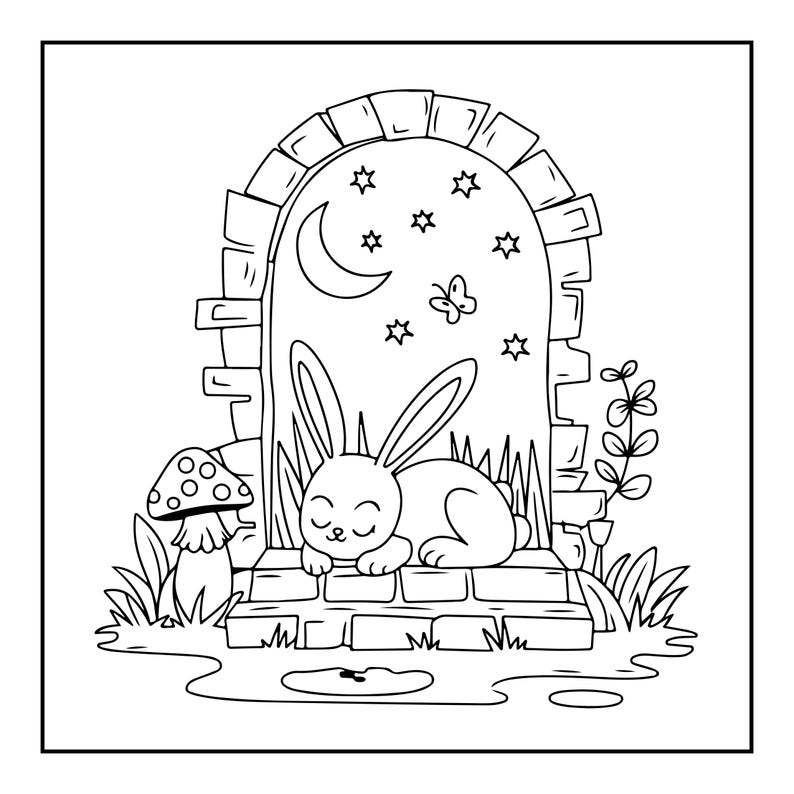 May include: A black and white line art illustration of a rabbit sleeping on a stone ledge in front of an arched doorway. The scene includes a crescent moon, stars, a butterfly, a mushroom, and foliage, all presented in a clear, bold outline style.