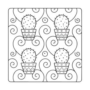 May include: A black and white line art illustration featuring a repeating pattern of four potted cacti. Each cactus is round with small dots, sitting in a pot decorated with geometric shapes, surrounded by swirling scrollwork lines.