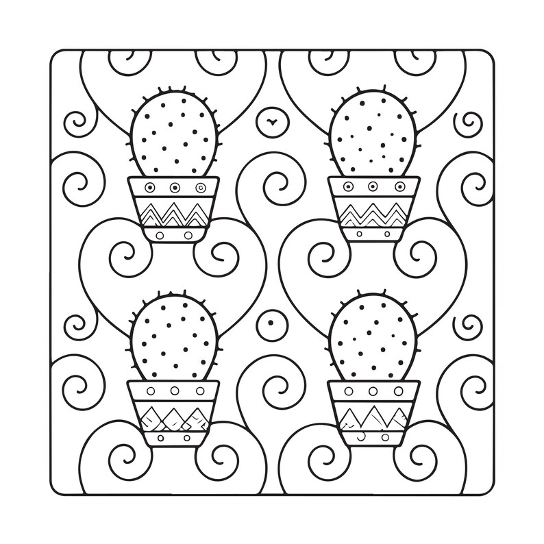 May include: A black and white line art illustration featuring a repeating pattern of four potted cacti. Each cactus is round with small dots, sitting in a pot decorated with geometric shapes, surrounded by swirling scrollwork lines.