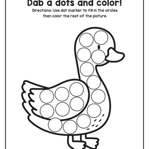 A coloring and dot marker worksheet titled Dab a dots and color featuring an outline drawing of a duck with circles inside its neck, head, and wing.