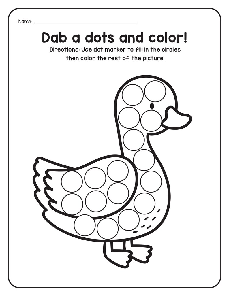 A coloring and dot marker worksheet titled Dab a dots and color featuring an outline drawing of a duck with circles inside its neck, head, and wing.